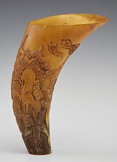 Chinese Carved Horn Libation Cup, early 20th c., with landscape, bird and bamboo decoration, H.- 5 1/4 in., W.- 3 1/4 in., D.