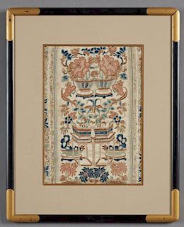 Chinese Embroidery, early 20th c., of flowers in planters, presented in an oriental style ebonized and gilt frame, H.- 13 1/2