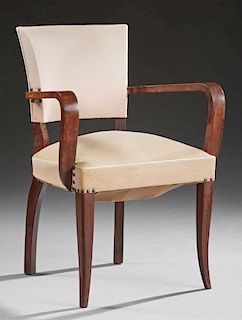 French Mid Century Modern Bentwood Beech Fauteuil, c. 1940, the curved back over a cushioned seat flanked by bent flat arms, 