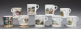 Group of Nine Porcelain Shaving Mugs, 19th c., with hunting scenes, each with a gilt name of the owner applied to the rim, to