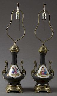 Pair of Gilt Bronze Mounted Neoclassical Porcelain Urn Lamps, 19th c., with gilt tracery and hand painted reserves of classic