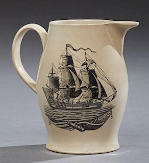 Excellent Liverpool Creamware Pitcher or Jug, c. 1795-1818, one side with black transfer of a three masted sailing ship under