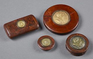 Group of Four Snuff Box Items, 19th c., consisting of two circular walnut snuff boxes with gilt metal portraits of General La