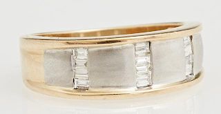 14K Yellow and White Gold Man's Dinner Ring, the wide tapering band mounted with three vertical rows of four baguette diamond