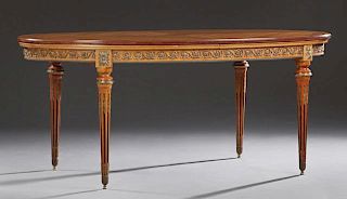 French Louis XVI Style Inlaid Carved Mahogany and Kingwood Bronze Mounted Drawleaf Dining Table, 20th c., the oval top over a