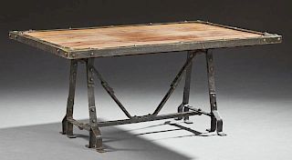 Contemporary Pine and Steel Coffee Table, 20th c., the wood top set within steel banding, on a steel trestle base, H.- 19 3/4