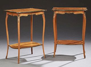 Pair of Brass Banded Marquetry Inlaid Mahogany Lamp Tables, early 20th c