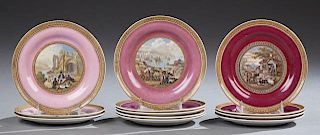 Group of Twelve English Ironstone Cabinet Plates, 19th c., with gilt tracery borders around wide colored bands and central re