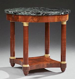 French Empire Style Carved Mahogany Gilt Ormolu Mounted Marble Top Center Table, 20th c., the circular verde antico marble ov