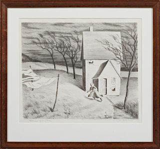 Persis W. Robertson (1896-1992), "Plowing up a Storm," 20th c., etching, 1/10, pencil numbered and titled lower left margin, 