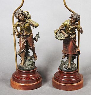 After Louis Moreau (1855-1919), "Vendangeuse," and "Vendangeur," early 20th c., pair of patinated spelter figures on stepped 