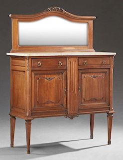 French Louis XVI Style Carved Walnut Marble Top Server, early 20th c., the arched back with a wide beveled mirror on a base w