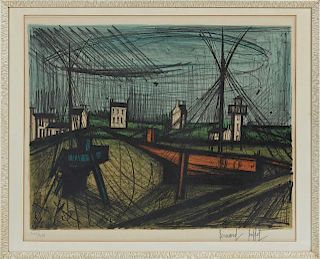 Bernard Buffet (1928-1999), "Harbor," 20th c., print, 246/250, pencil numbered lower left margin, pencil signed lower right m