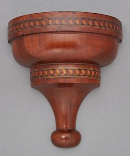 Inlaid Carved Mahogany Wall Bracket, c. 1910, of tapered demi-lune form with parquetry inlay, H.- 9 3/4 in., W.- 9 in., D.- 4