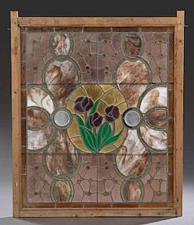 American Leaded Slag Glass Window, c. 1880, with numerous "jewels" and cut glass bullseyes, in original pine frame, H.- 49 1/