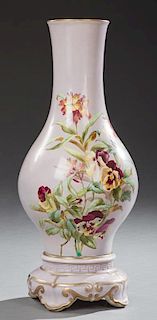 Large English Porcelain Baluster Floor Vase, 19th c., with hand painted floral decoration with gilt highlights on an integral