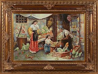 Chinese School, "Continental Market Scene," late 20th c., oil on canvas, signed indistinctly lower right, presented in an orn