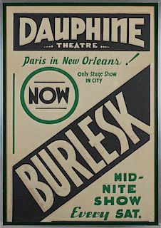 Vintage Burlesk Poster, mid 20th c., for the "Dauphine Theatre, Paris in New Orleans," presented in an aluminum frame, H.- 39