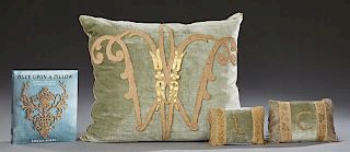 Group of Three Vizard Pillows by Rebecca Vizard, consisting of one large down pillow in celadon velvet with gold ribbon, toge