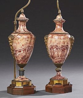 Pair of French Bronze Mounted Covered Marble Urns, early 20th c., of baluster form, with Bacchic mask mounts, on socle suppor