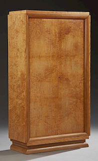 Diminutive French Art Deco Burled Walnut Wardrobe, c. 1940, the stepped top over double doors enclosing shelves and a belted 