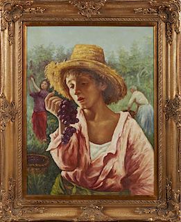 Chinese School, "The Grape Harvesters," late 20th c., oil on canvas, signed "Paher" lower right, presented in an ornate gilt 