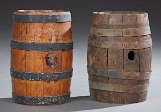 Two Civil War Oak Water Casks, 19th c., with iron banding, one mounted with a spigot, H.- 10 7/8 in., W.- 9 in., D.- 7 1/2 in