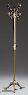 American Gilt Brass Hall Tree, late 19th c., with three scrolled hooks on a reeded support to tripodal acanthus relief legs, 