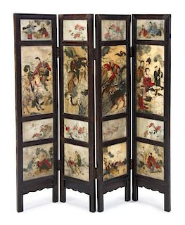 A Chinese Painted Alabaster and Wood Four-Panel Screen, Height of each panel 34 1/4 inches x width 7 7/8 inches.
