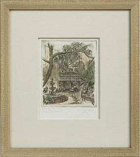 James Carl Hancock (1890-1966, New Orleans), "Court of Two Sisters, New Orleans, LA," 20th c., colored etching, pencil titled