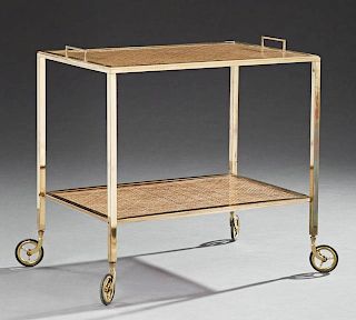 Modern Brass Dessert Cart, 20th c., the rectangular top with brass banding around a caned plexi glass covered surface over a 