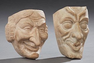 Pair of Terracotta Mask Wall Plaques, 20th c., of men with prominent noses, Larger- H.- 8 1/2 in., W.- 5 1/4 in., D.- 5 1/2 i