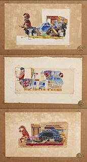Mardi Gras- Danny Frohlich; "England," "Italy," and "China," 20th c., group of three hand colored float designs, two signed, 