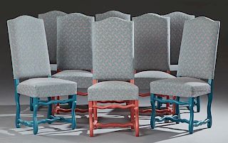 Set of Eight Polychromed Louis XV Style Dining Chairs, 20th c., the arched backs to trapezoidal upholstered seats, on cabriol