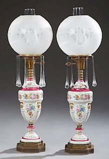 Pair of Victorian Style Porcelain Table Lamps, c. 1920, of baluster form, with gilt and floral transfer decoration, on steppe
