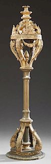 French Louis XVI Style Gold Leaf and Gesso Torchere, early 20th c., the scroll and leaf mounted top on four curved leaf decor