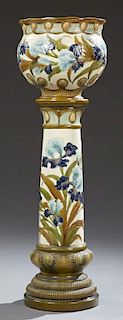 English Burmantofts Faience Jardiniere on Stand, c. 1900, England #2022, with brightly colored floral decoration, the bottom 