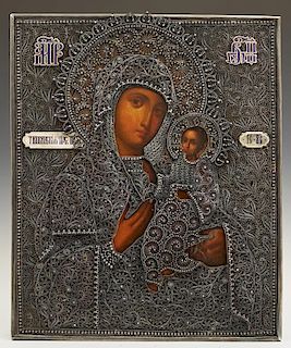 Russian Icon of the Virgin of Tikhvin, 1896-1908, Moscow, with a silver filigree and enamel oklad, with a maker's mark of "SG