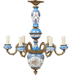 Sevres Style Porcelain and Bronze Six Light Chandelier, late 19th c., with a bleu celeste porcelain ground support with gilt