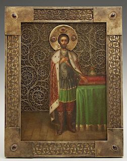 Russian Icon of Saint Alexander Nevsky, 1908-1917, Moscow, with a silver filigree oklad mounted with cabochon semi-precious s
