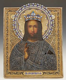 Russian Icon of Christ Pantocrator, 1896-1908, Moscow, with a gilt silver filigree and enamel oklad, by Nemirov-Kolodkin, H.-