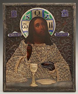 Russian Icon of Christ Blessing the Wine and Bread, 1908-1917, Moscow, with a gilt silver filigree and enamel oklad, by Samso
