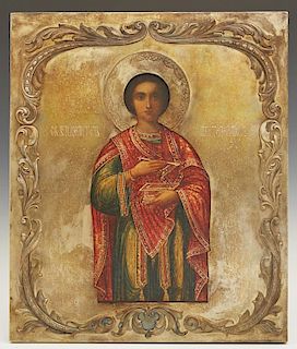 Russian Icon of Saint Panteleimon, 1908-1917, Moscow, with a gilt silver oklad, with a makers mark of "DS" in Cyrillic, H.- 1