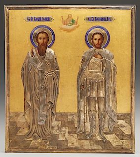 Russian Icon of Saints Basil and Alexander Nevsky, 1908-1917, Moscow, with a gilt silver and enamel oklad, with a maker's mar