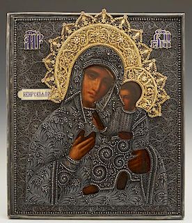 Russian Icon of the Virgin of Iverskaya, 1896-1908, Moscow, with a gilt silver filigree and enamel oklad, with a maker's mark