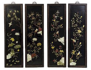 Four Chinese Inlaid Hardwood Panels, Height of each panel 50 x width 14 inches.