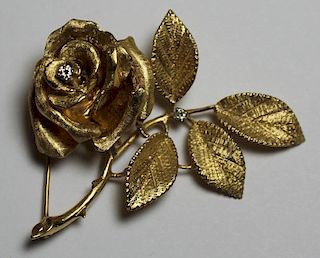 JEWELRY. 14kt Gold and Diamond Rose Form Brooch.