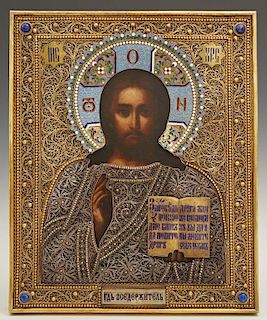 Russian Icon of Christ Pantocrator, 1893, Moscow, with a gilt silver filigree and oklad, mounted with cabochon stones, by Iva