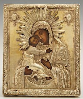Russian Icon of the Virgin of Vladimir, 1839, Moscow, with a silver oklad, with obscured maker's marks, H.- 5 1/4 in., W.- 4