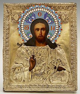 Russian Icon of Christ Pantocrator, 1841, St. Petersburg, with a gilt silver and enamel oklad, with a maker's mark of "G.S."